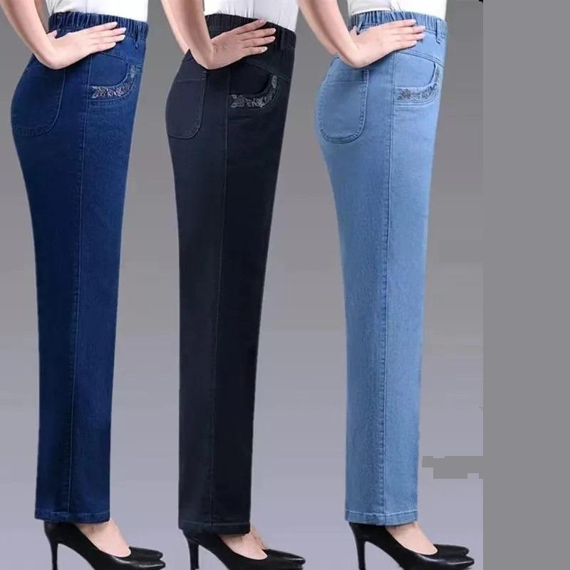 Damenjeans für ältere Frauen mittleren Alters, bestickte Taschen, elastischer Bund, Mom-Jeans, lässiger Denim, gerades Bein, Hosen, neu, Frühling