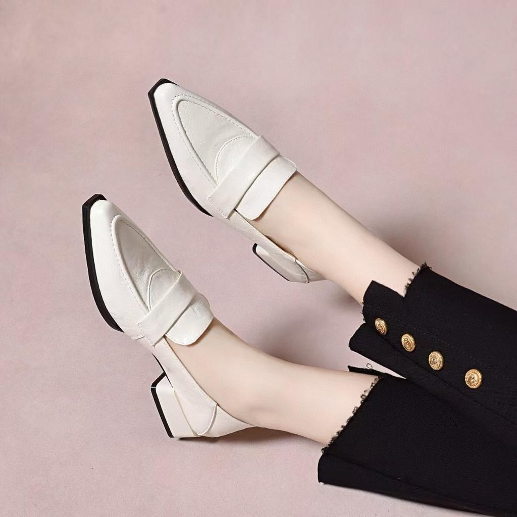 Pointed women's spring new shallow mouth one-pedal small leather shoes thick heel low heel flat shoes