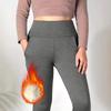 Women Leggings with Pockets Solid Color High Waist Plush Lining Thickened Warm Pants Tight Fit Cold Weather Leggings