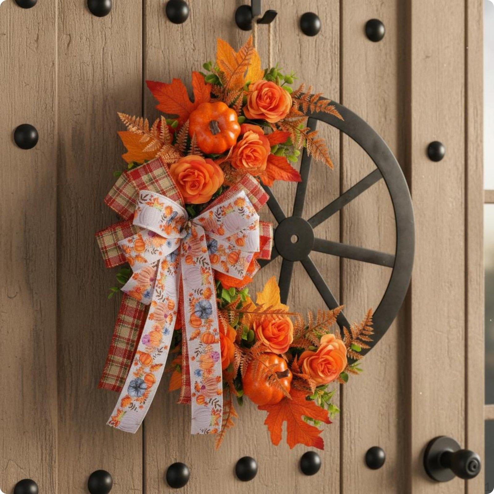 Wagon Wheel Wreath Thanksgiving Fall Pumpkin Autumn Door Hanging