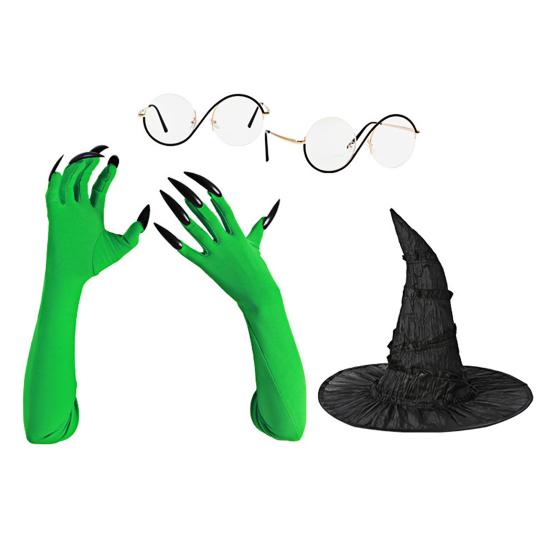 Doplňková sada kostýmu čarodějnice Černý čarodějnický klobouk Brýle s kulatými obroučkami Zelené drápové rukavice Sada pro ženy Halloween Cosplay Hra na role Párty