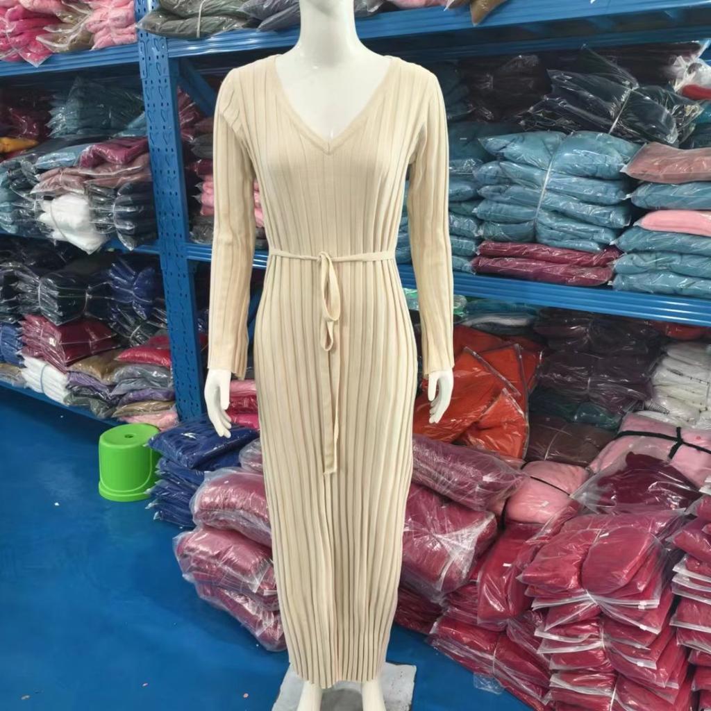 Knitted, Dress, Casual, Waist Cinching, V-neck, Striped, Knitted Long Skirt, Women's