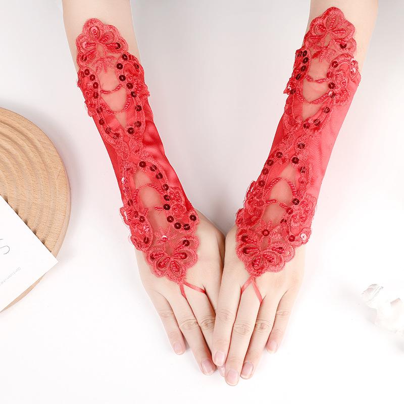 Satin Embroidery Hollow Out Beaded Gloves For Wedding Dresses Sequins Fingerless Wedding Accessories Elegant Bridal Gloves