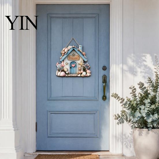 Summer Beach Party Decorations Coastal Wooden Wreath, Ocean Welcome Sign, Starfish Shell Nautical Handmade Sign Front Door Hanger for Porch,