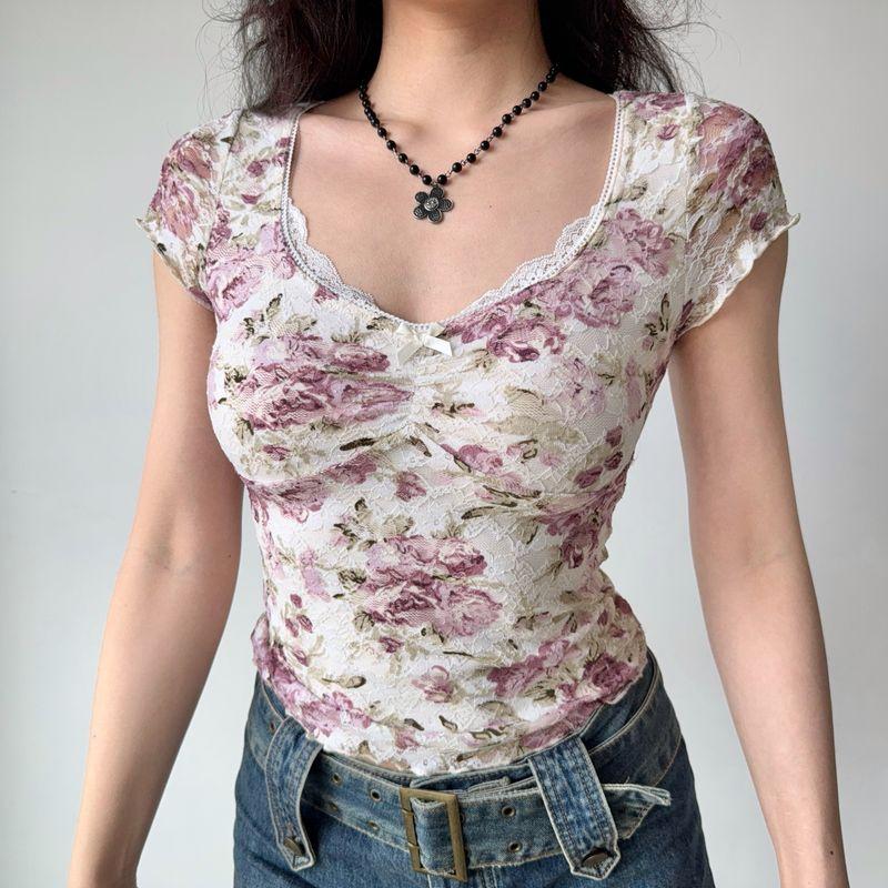 

Вперед, девчонка, вперед! Домашний Ретро Европейский Американский Стиль Слим Принт Кружевные Топы Летняя Футболка с Коротким Рукавом для Женщин Picture Color S