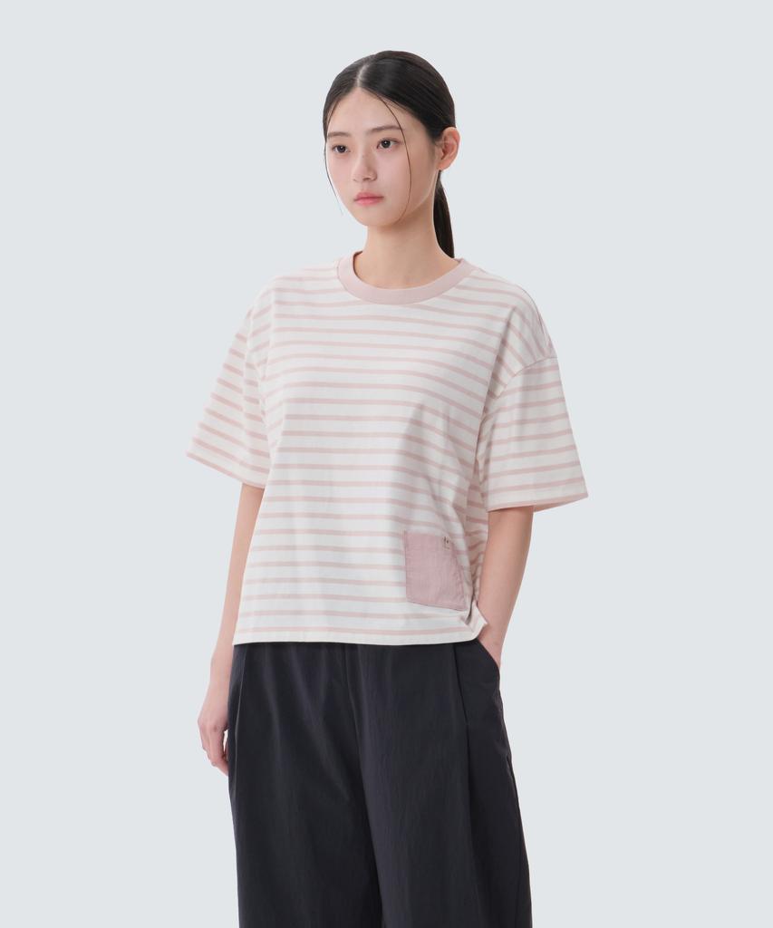 SNOWPEAK APPAREL Cotton Women'S Striped Semi-Crop Short Sleeve T-Shirt (S25Mwfts69) Light Pink