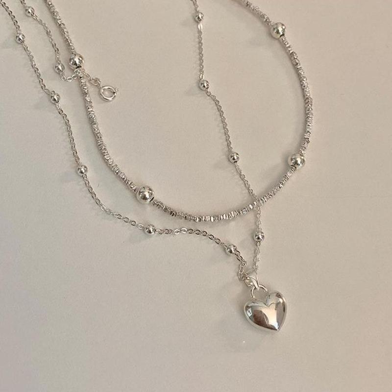 Fashion Heart Pendant Necklace Silver Color Bead Layered Necklace Temperament Clavicle Chain Necklace Choker Jewelry