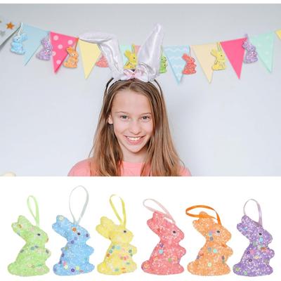 Osterhasen-Anhänger aus Schaumstoff, Kaninchen, Hängeornament mit schimmernden Pailletten, saisonale Dekoration, 6 Stück