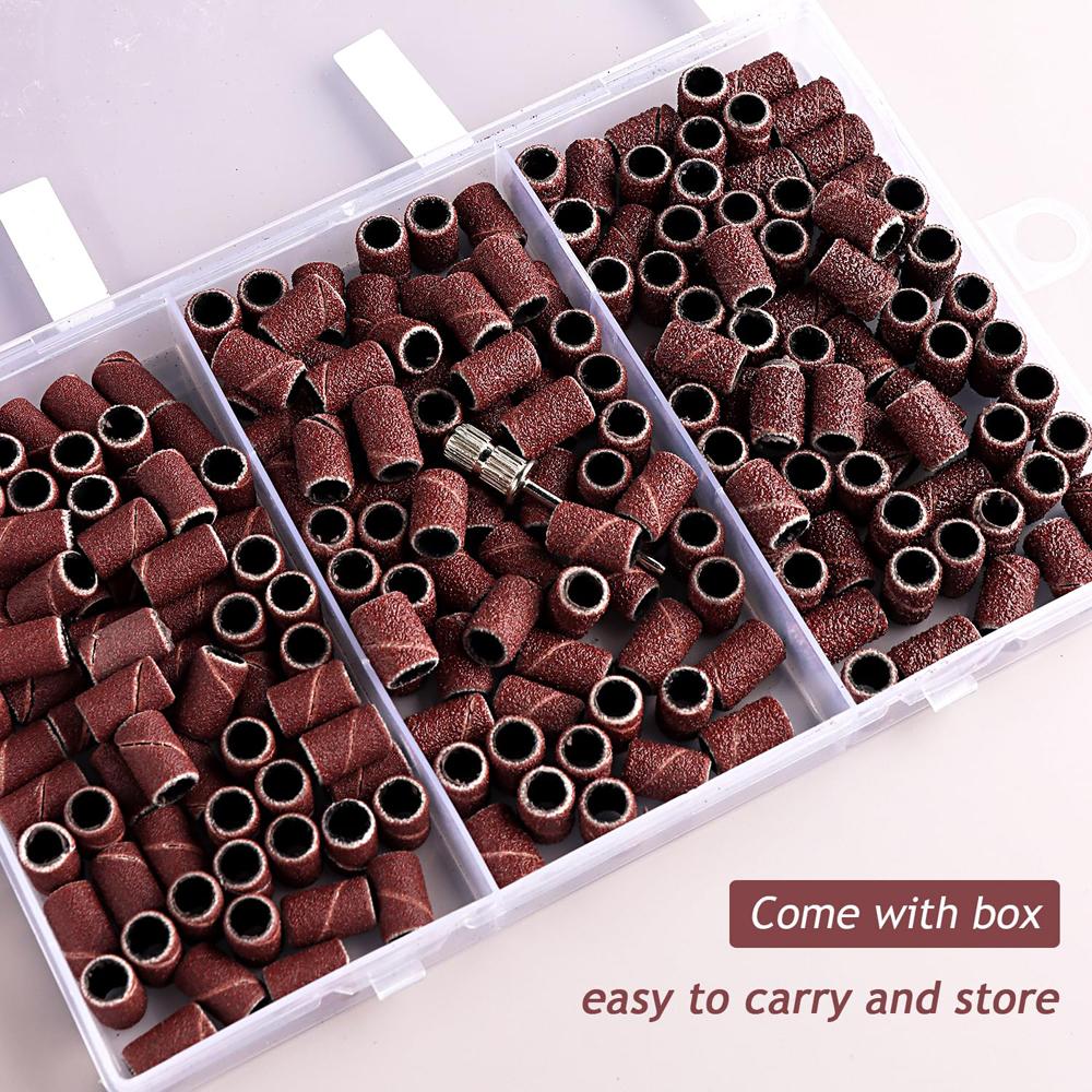 210pcs Sanding Cap Bands #180#120#80 Grit Nail Drill Grinding Bit Files Pedicure Tool Set for Grit Gel Nail Polish Removal