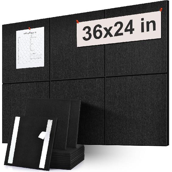 Large Cork Board Subsitute - 24"x24" Bulletin Board - 4 Pack Black Felt Board for Home&Office Wall Decor with Noise Reduction