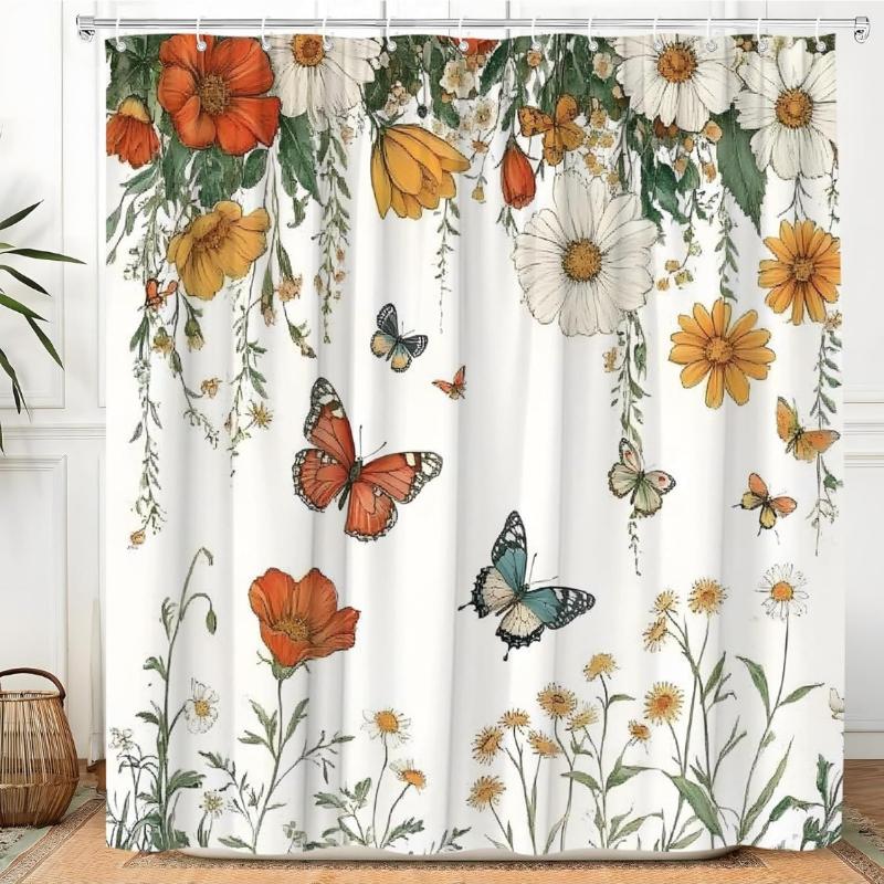 Floral Butterfly Shower Curtain Vintage Flower Rustic Farmhouse Wildflowers Green Leaves Botanical Boho Floral Vine Retro Plant 90x180CM