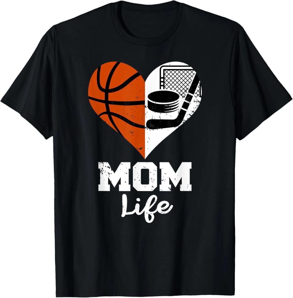 Mom Life Heart Funny Basketball Hockey Mom T- Shirt