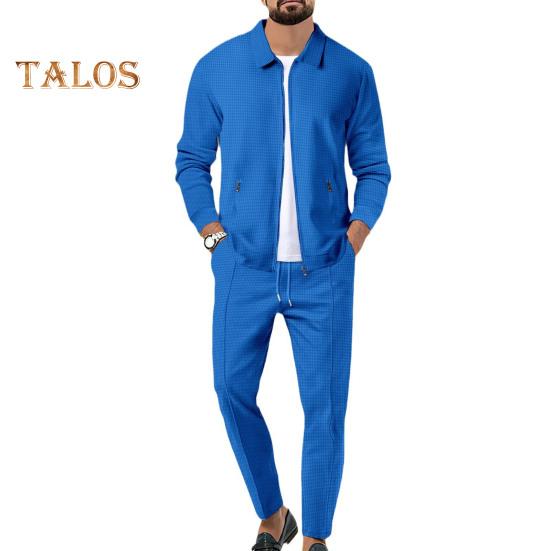 2Pcs/Set Men Outfit Lapel Long Sleeve Zipper Placket Coat Elastic Waist Adjustable Drawstring Long Pants Set