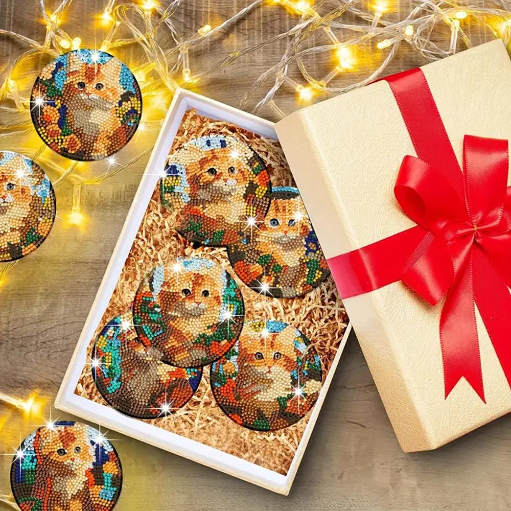 8 Bucăți/set de Suporturi de Pahar cu Model Pisică Pictat cu Diamante, Suporturi de Pahar DIY cu Suport, Potrivite pentru Începători și Adulți, Cadouri Consumabile Artă și Meșteșuguri