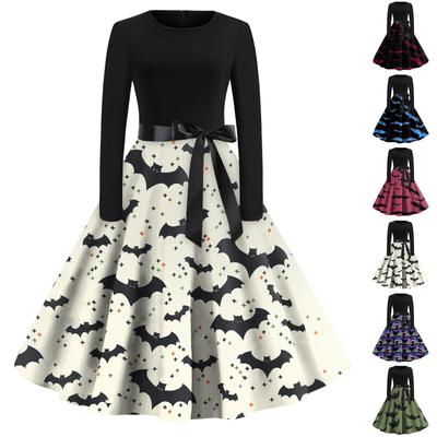 Halloween Print Flare Kleid für Frauen Langarm Kleid Hohl Party Casual Kleider
