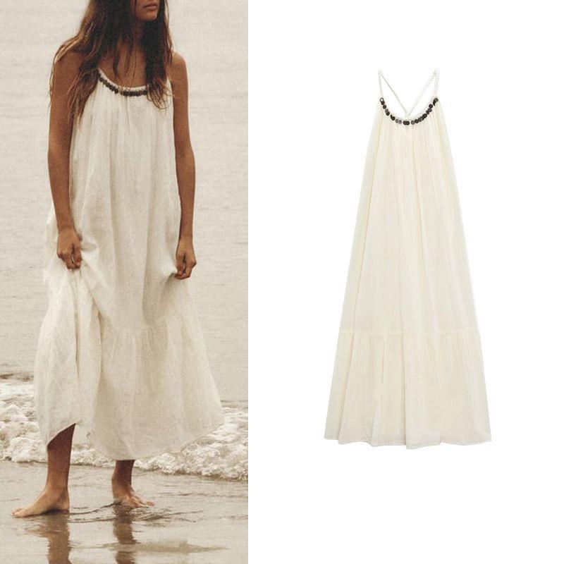 Spring New Holiday Casual Loose Linen Blended Coin Inlaid Midi Skirt Dress 7521329