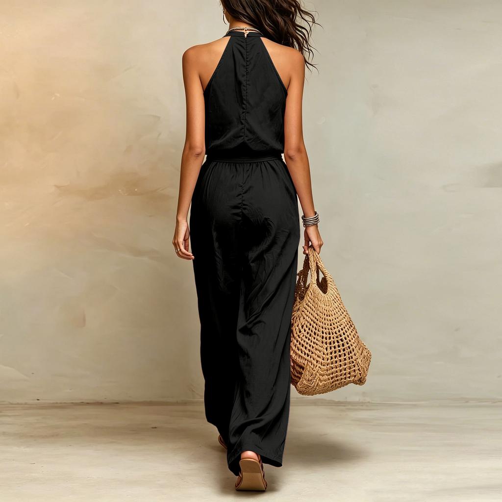 Women's Color High Waist Wide Leg Jumpsuit Sleeveless with Tie Belt for Summer Vacation