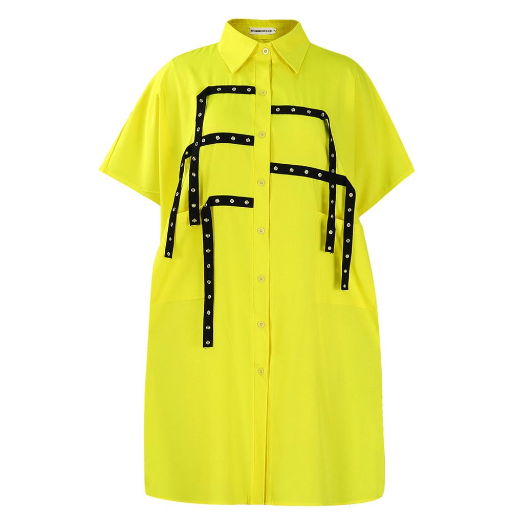Women Short Sleeve Shirt Dress with Bow Tie Belt and Pockets Solid Color Casual Dress