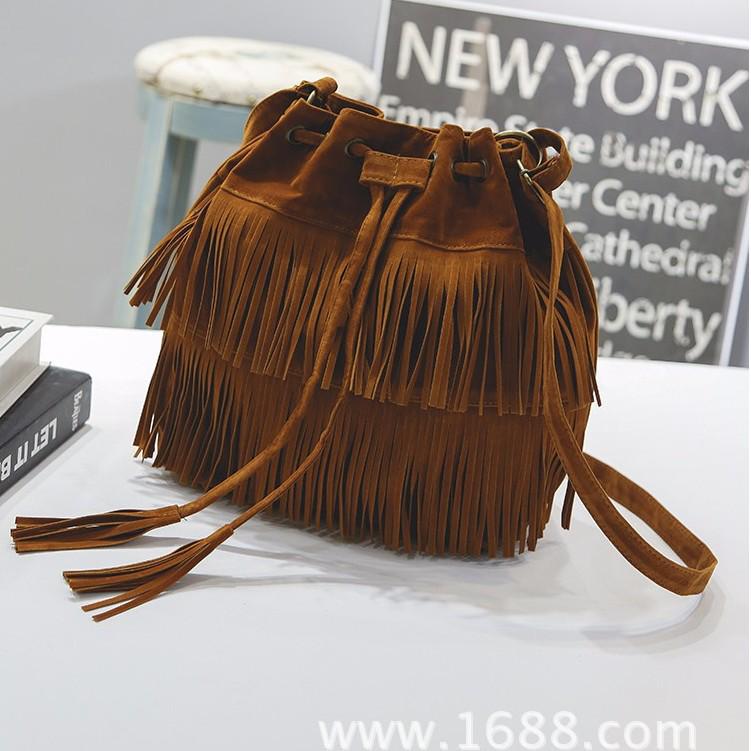 Fashion Soft Velour Tassel Drawstring Women's Crossbody Bucket Bag