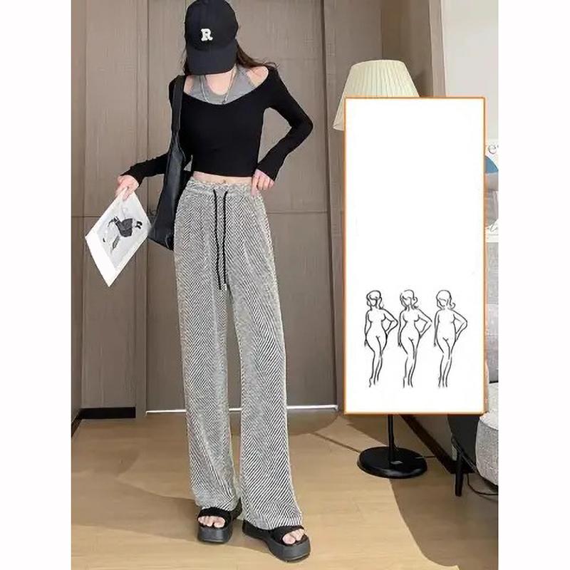 Dámské kalhoty s vysokým pasem a zvonovými nohavicemi, rovné nohavice, ležérní kalhoty, šedý pruhovaný tvíd, jarní móda