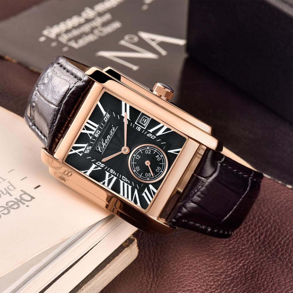 CHENXI 8216 Elegant Waterproof Square Men's Quartz Watch Men Watches Roman Scale Business Leather Strap Military Wristwatch