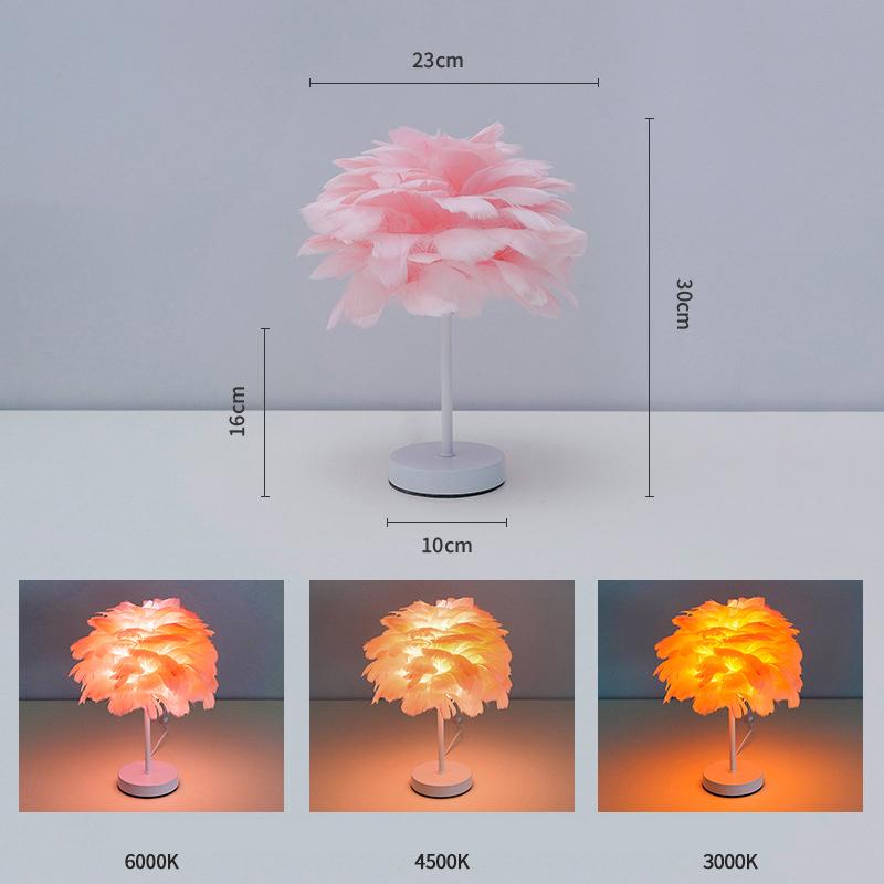 Ins Romantic Feather Table Lamp, Dimmable Bedside Night Light for Bedroom Decor