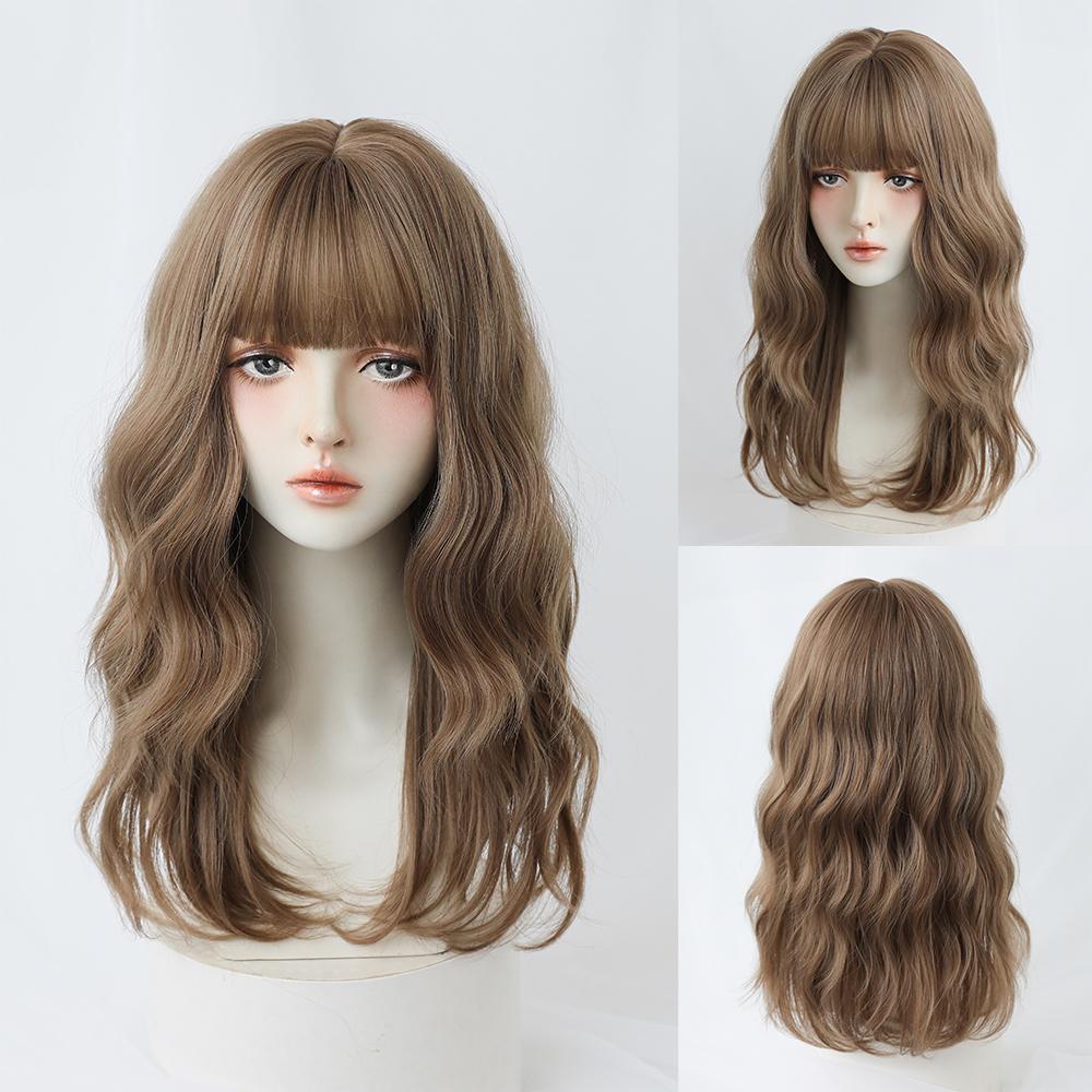 Lange Lockige Haare Damen Perücke mit Pony Täglich Braun Schwarz Rosa Lolita Cosplay Geflochtene Perücken Hitzebeständige Faser Party Kunsthaar