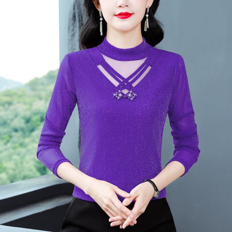 Stylish Mom s Women s Blouse with Fleece Base Layer, A Versatile and Stylish Long-sleeved Mesh Lace Top for Autumn and Winter M