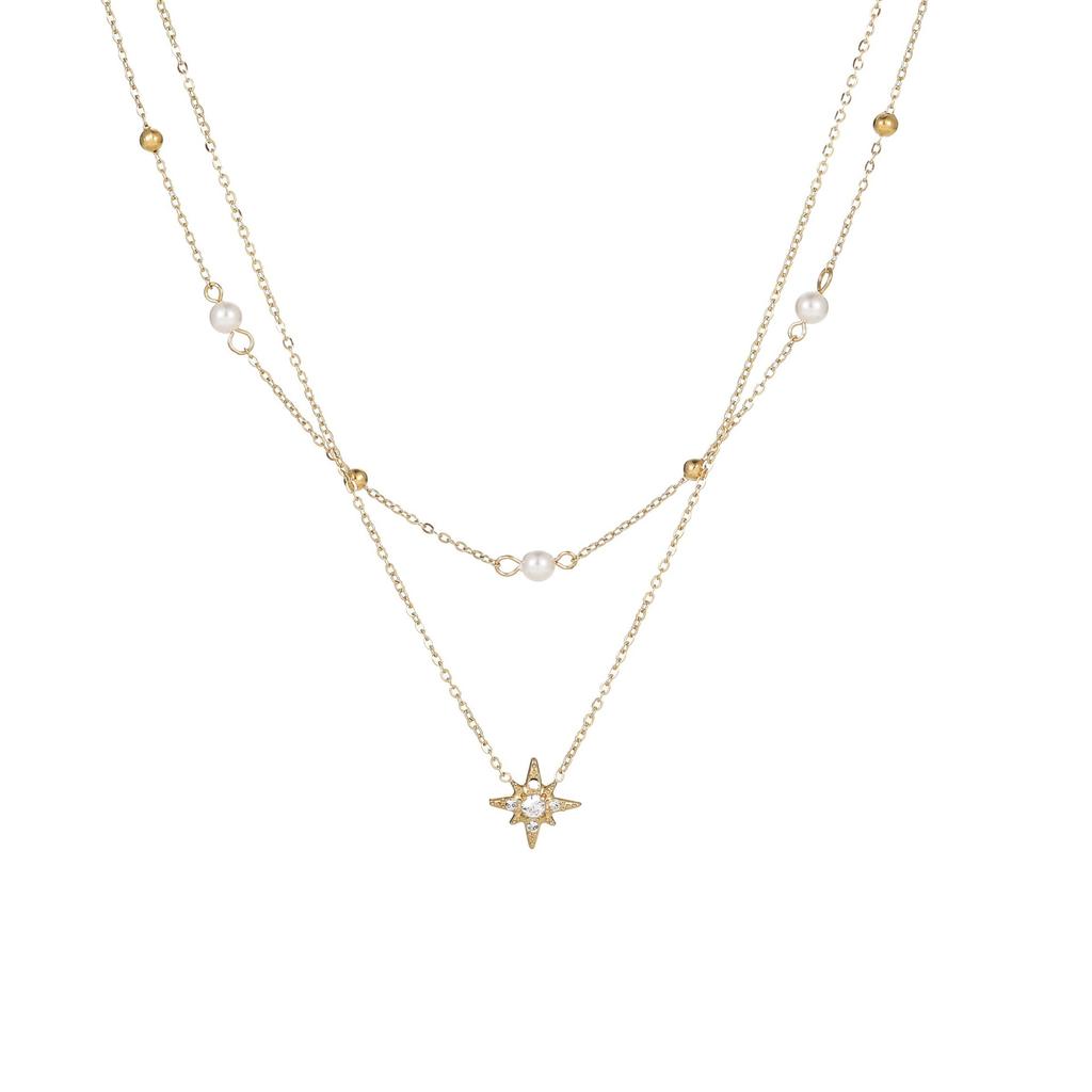 Double Layer Hexagram Star Diamond Encrusted Pearl Necklace Gold Fashion Jewelry
