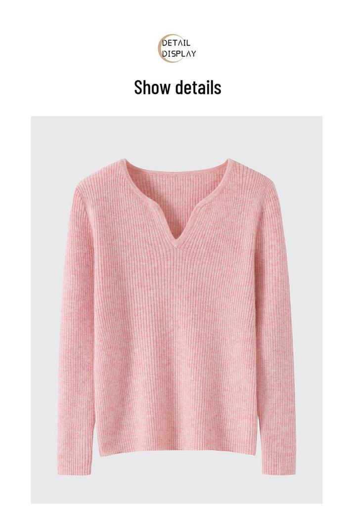 Women's Ribbed Wool V-Neck Sweater, Slimming Fit, Autumn/Winter Pullover
