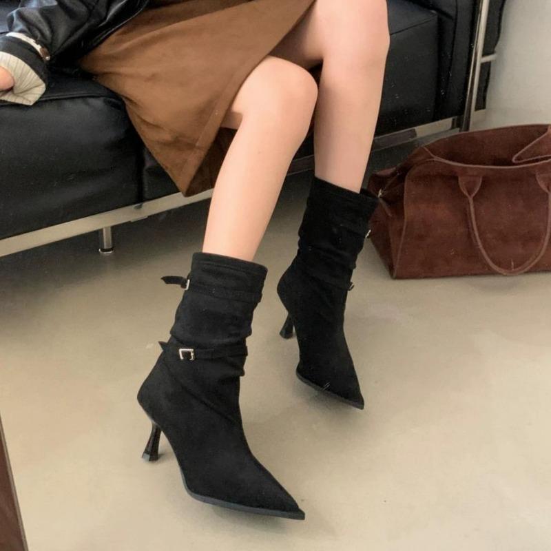 2025 Fashion New Thin Heel Short Boots Fashion Buckle Suede Pleated Modern Boots Versatile Pointed Toe Women's Stiletto Heels