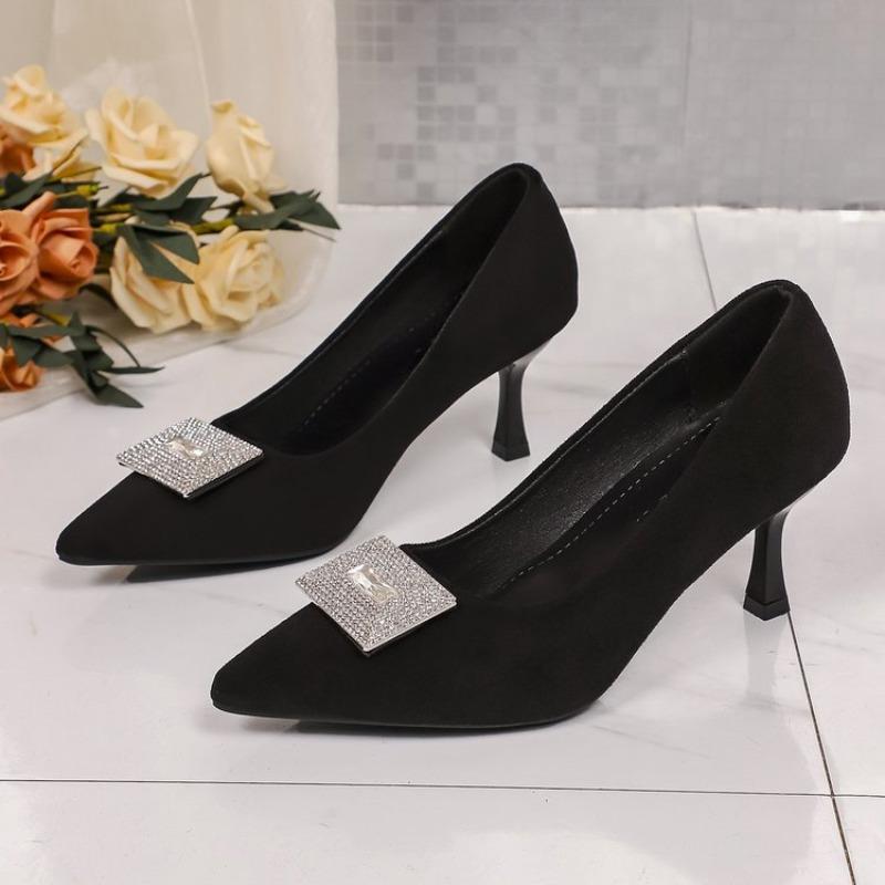 2026 New French Women's Slim Work Shoes Rhinestone Square Buckle High Heels Black Pointed Toe Temperament Single Shoes