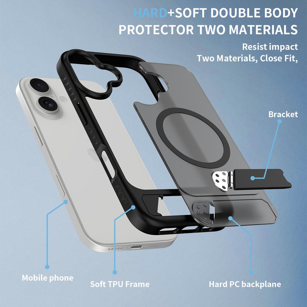 Funda Trasera Protectora de Impacto con Soporte, Carcasa Magnética, Soporte para Carga Inalámbrica Magsafe, PC Rígido Mate Translúcido + TPU para iPhone 16 17