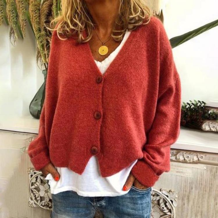 Lockere Passform V-Ausschnitt Pullover Mantel Langarm Strickjacke Einfarbig Gestrickt Damen Pullover