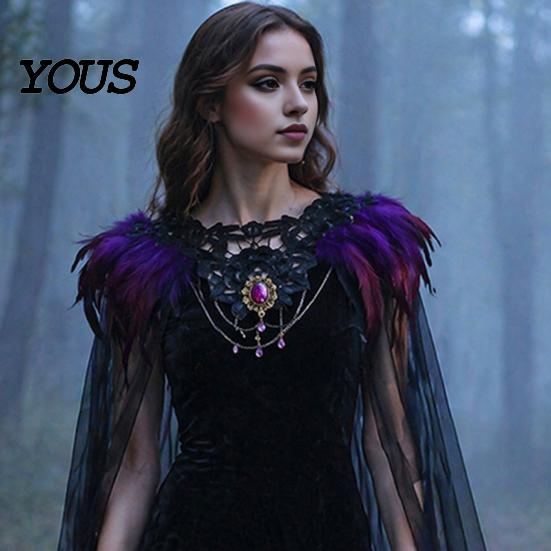 Feather Cape for Halloween Gothic Cloak Men Women, Tulle with Women's Party Wrap Shawl Shrug Shoulder Witch Cosplay Costume, Stage Performance Collar