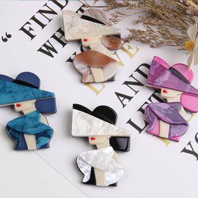 Cartoon Lady with Hat Brooch Acrylic Girl Badge Elegant Women Portrait Pin