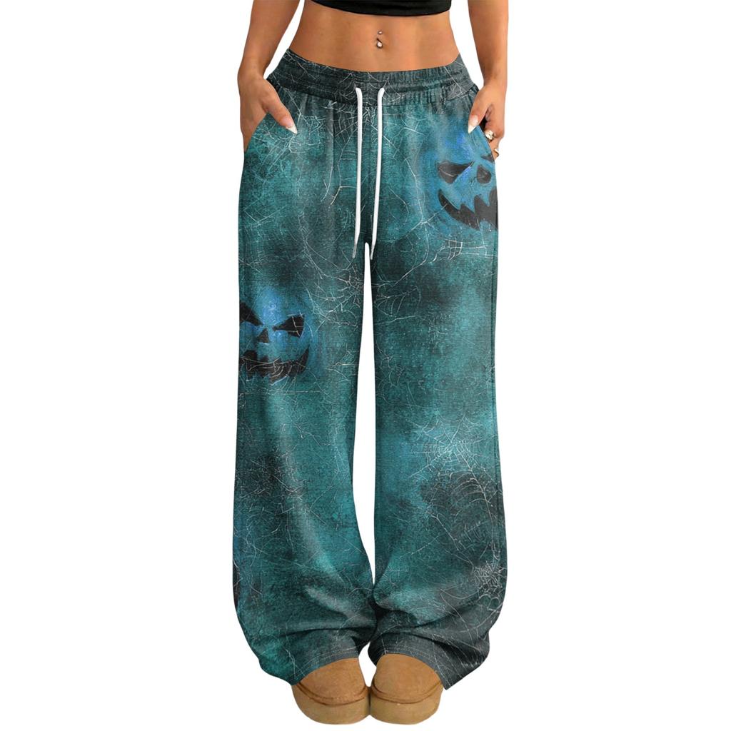 Women's Casual Halloween Printed Wide Leg Pants with Elastic Waist and Drawstring