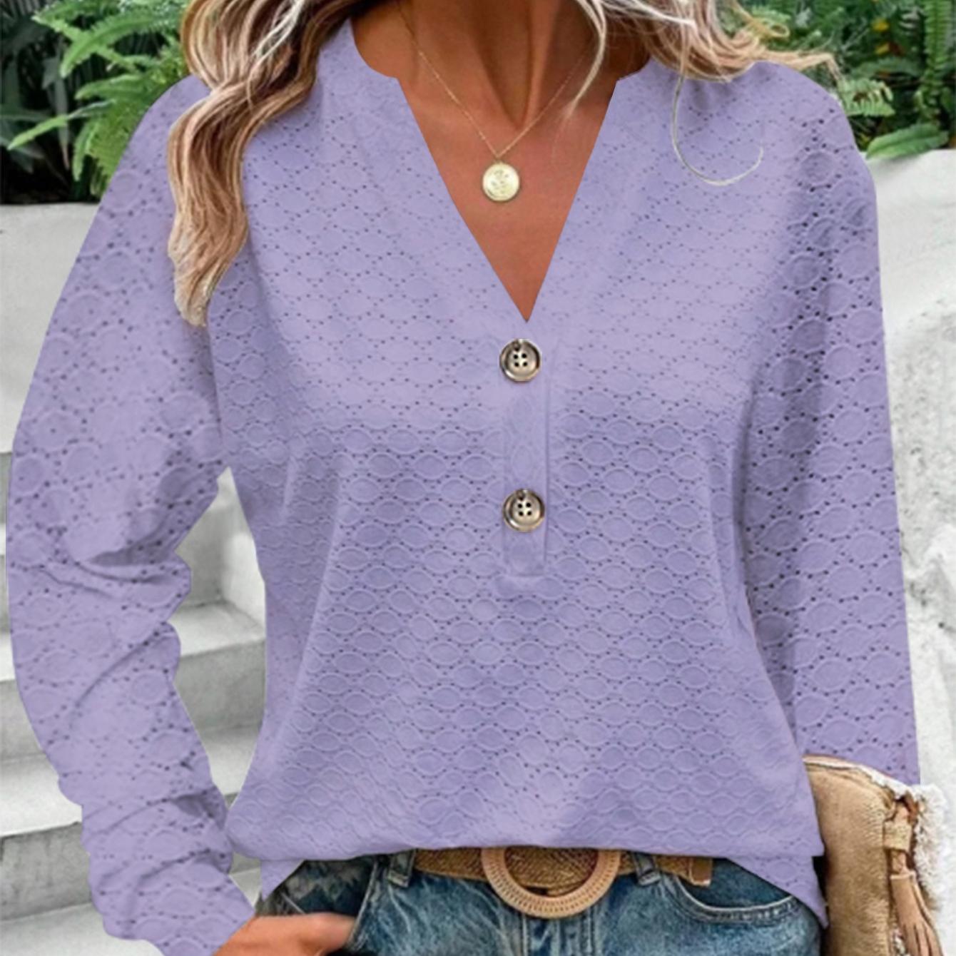 

IHUASU весна-лето женская мода повседневное однотонная пуговица с v-образным вырезом и длинным рукавом XXL лавандовый