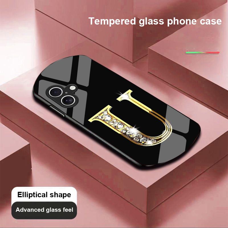 Diamant-Zeichen für Apple iPhone 16 11 13 15 14 Pro Max 12 Mini 7 8 Plus XR X XS Elliptisch geformte Hülle aus gehärtetem Glas