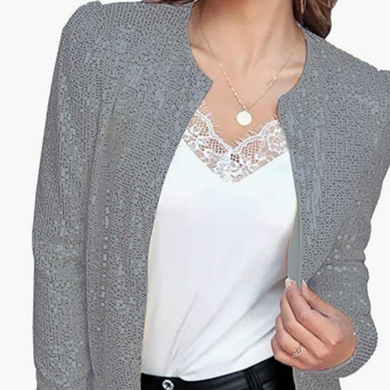 Fashion Stand Collar Solid Sequin Jacket Women Autumn Long Sleeve Loose Short Casual Jackets Ladies Elegant Round Neck Plus Size Coats Women Top 25189