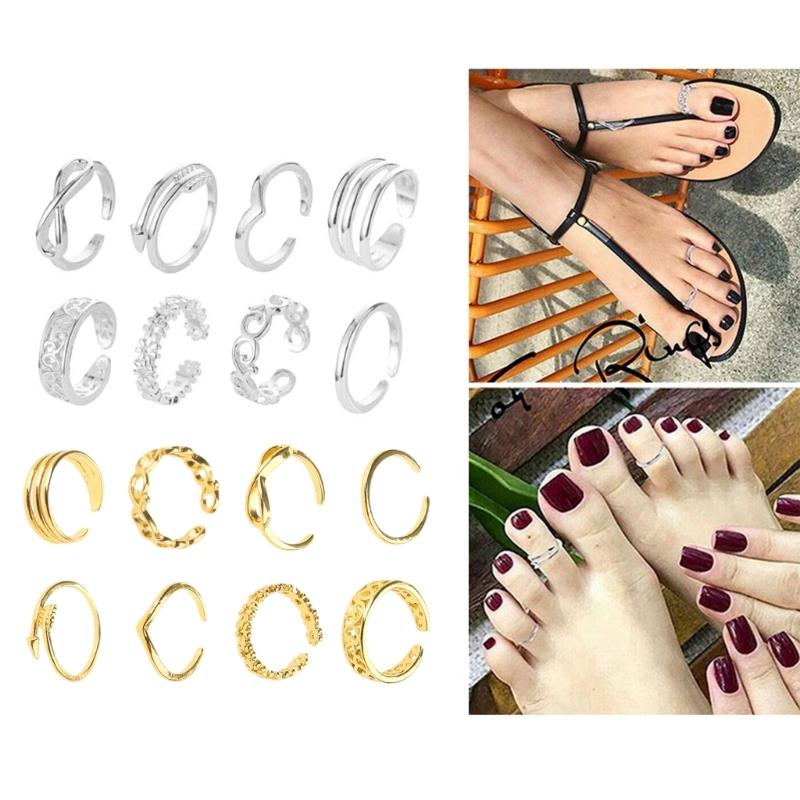 8pcs Open Toe Rings Flower Hollow Band Vintage Toe Ring Set Adjustable Women Summer Beach Jewelry