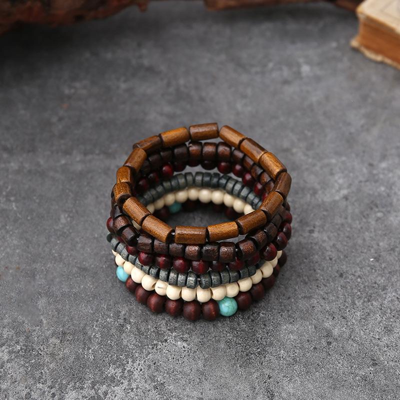 Handmade Beaded Bracelet Men Vintage Multi-Layer Elastic Cord Coconut Wood Beads Adjustable Buddhist Prayer Mala Jewelry Gift