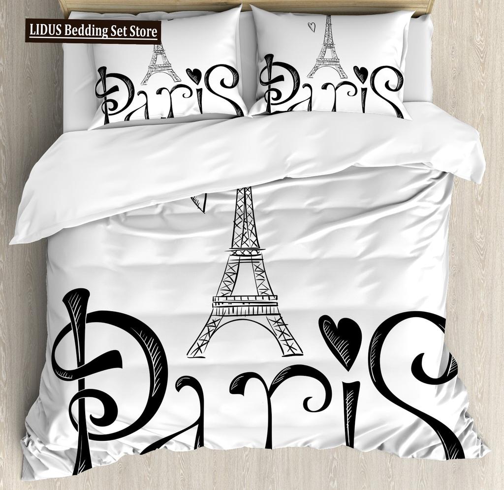 Eiffel Tower Duvet Cover Paris Tower Red Car Bedding French Style Home Decoration Grey Cityscape French Romantic Gift For Women