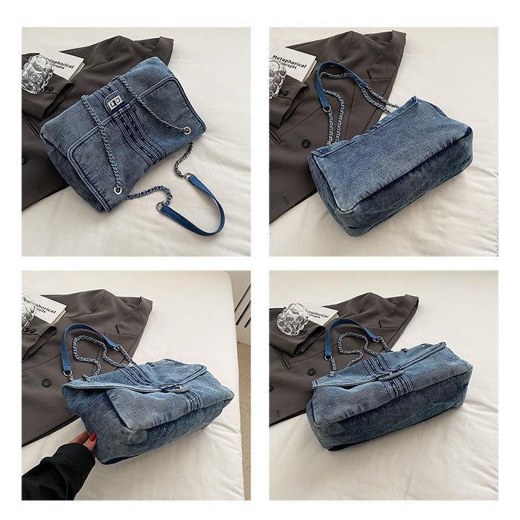Sac bandoulière décontracté en denim grande capacité pour femme avec chaîne