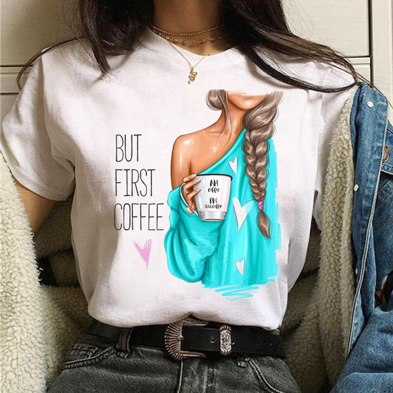 Coffee Girl Casual Women's T-shirt New Black Girl's Top Round Neck Y2K Harajuku 90S Fashion Short Sleeve Clothes,Drop Ship
