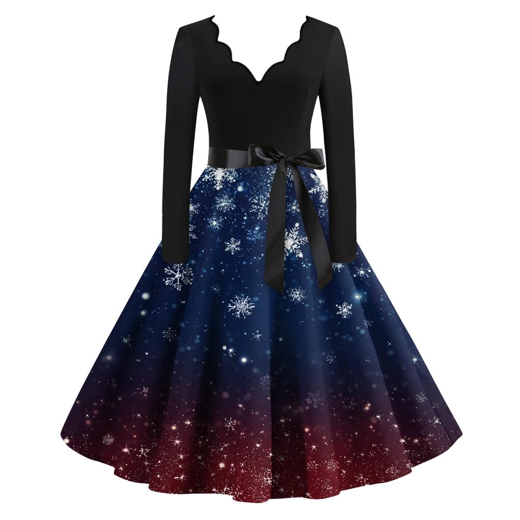 Damen Lässig Und Modisch V-Ausschnitt Langärmlig Weihnachten Bedrucktes Kleid