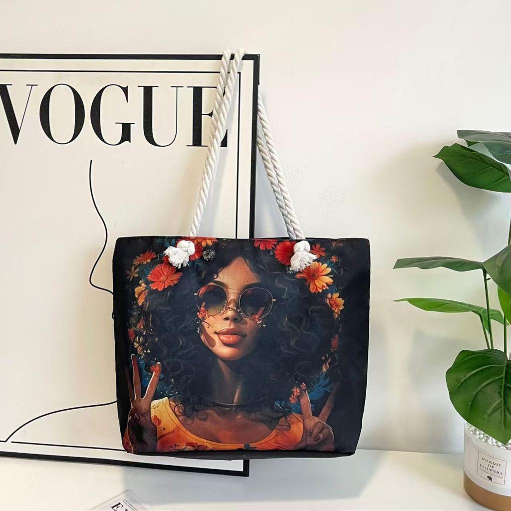 Versatile Women's Large Capacity Foldable Tote Bag with Zipper - Cross-Border Fashion, Printed Single-Shoulder, Perfect for Shopping or Beach.