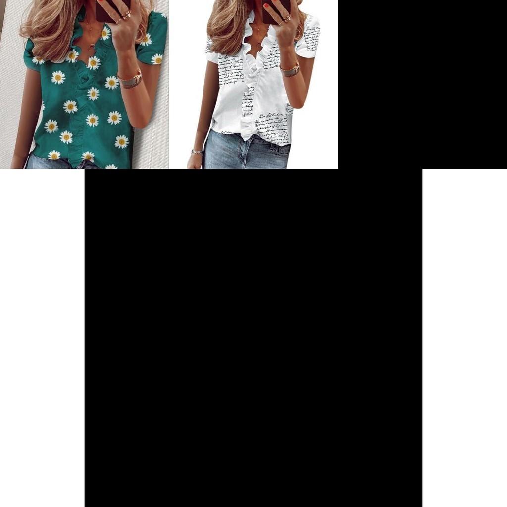 Stylish Women's V Neck Ruffle Short Sleeve T Shirt With Fashionable Daisy Print