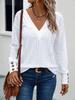 2024 Trendy European & American Women's Hollow V-Neck Drop Shoulder Long Sleeve Button T-Shirt