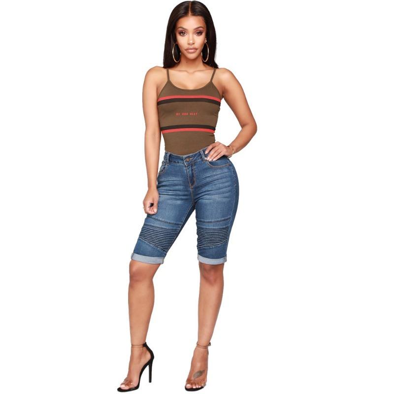 Summer Women's Plus Size Biker Stretch Mid Pants Blue Jeans